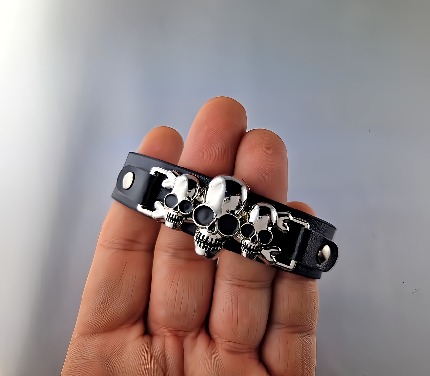 Armband mit Totenkopf Motiv Herren Modeschmuck Biker Motorrad Vintage Schwarz – Bild 2