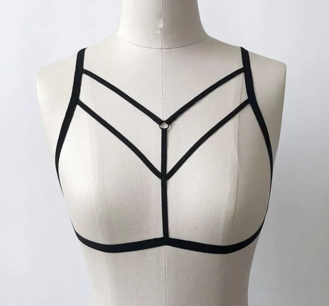 Damen Dessous Käfig BH Cage Bandage Riemchen Gothic Schwarz S M L XL