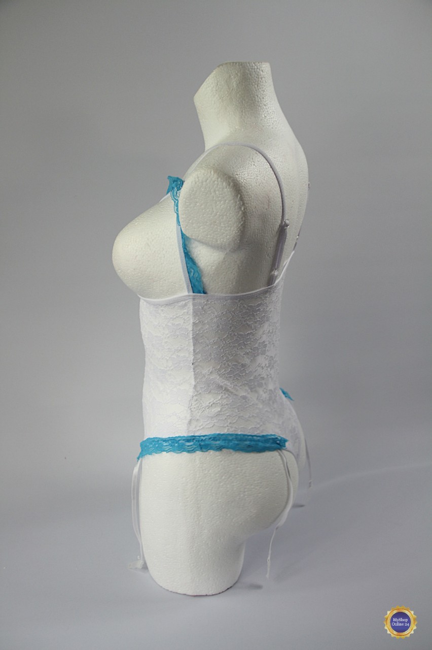 Damen Dessous Ouvert Reizwäsche Spitze BH Tanga Nachtwäsche Unten Offen mit Strapshalter Weiß – Bild 4