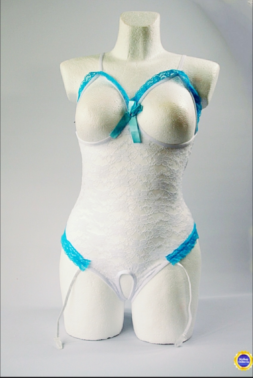 Damen Dessous Ouvert Reizwäsche Spitze BH Tanga Nachtwäsche Unten Offen mit Strapshalter Weiß – Bild 6