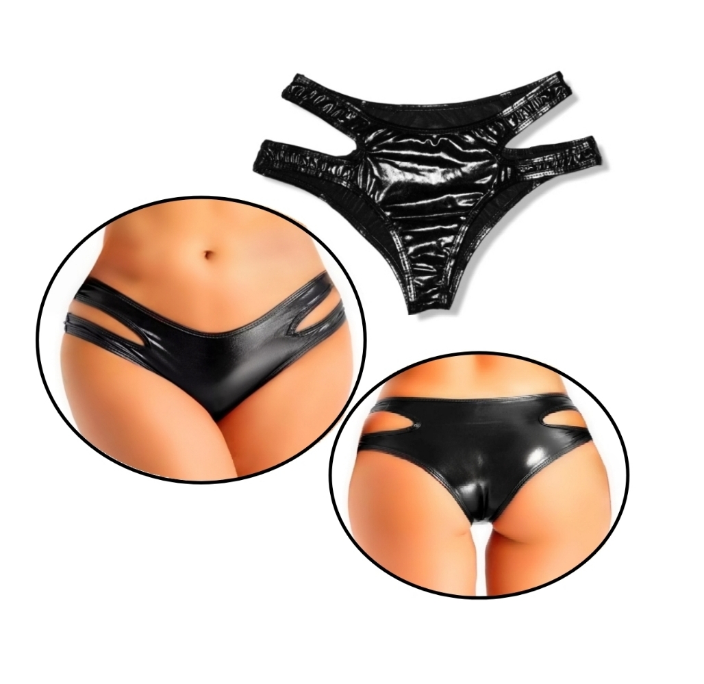 Kreative Damen Slip Latexoptik Unterhose Wetlook Naßlook Effekt Lederoptik Höschen Schwarz