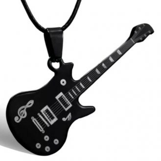 Gitarren Anhänger Schwarz Edelstahl mit Halsband Musik Jazz Modeschmuck E-Gitarre
