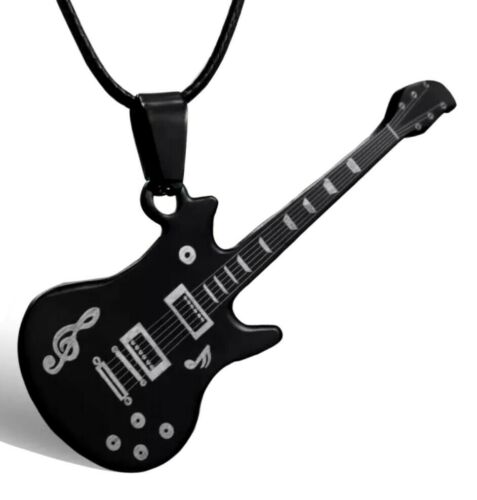 Gitarren Anhänger Schwarz Edelstahl mit Halsband Musik Jazz Modeschmuck E-Gitarre