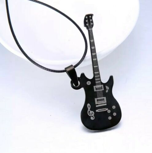 Gitarren Anhänger Schwarz Edelstahl mit Halsband Musik Jazz Modeschmuck E-Gitarre – Bild 4