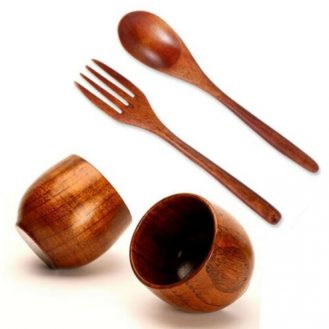 4 Teiliges Holzbesteck Holztasse Gabel Löffel Tasse Holz Geschirr Handgemacht