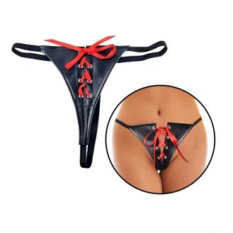 Kreative Damen G-String Unterhose Lederoptik Slip Schwarz mit Rote Schlaufe