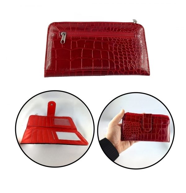 Damen Herren Geldbeutel Frauen Krokodesign Brieftasche Geldbörse Rot Reißverschluss Weinrot 18x10cm