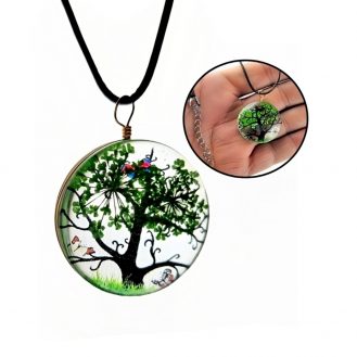 Halskette mit Baum Motiv Glas Anhänger Umwelt Rund Natur Modeschmuck Blüte Pflanze Gras