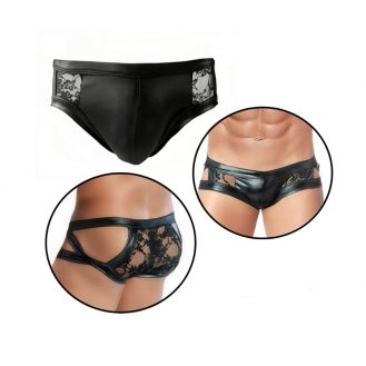 Herren Unterhose Lederoptik Slip Männer Reizwäsche Transparent Schwarz M L XL XXL