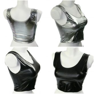 Damen Tanktop Bauchfrei Kurz WetLook Lederoptik Metallic Grau Schwarz Silber Nasslook Effekt