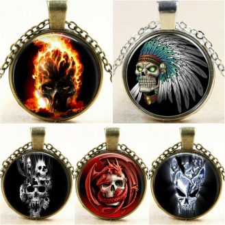 Skelett Schädel Totenkopf Glas Anhänger Indianer Drache Feuer Halskette Schmuck