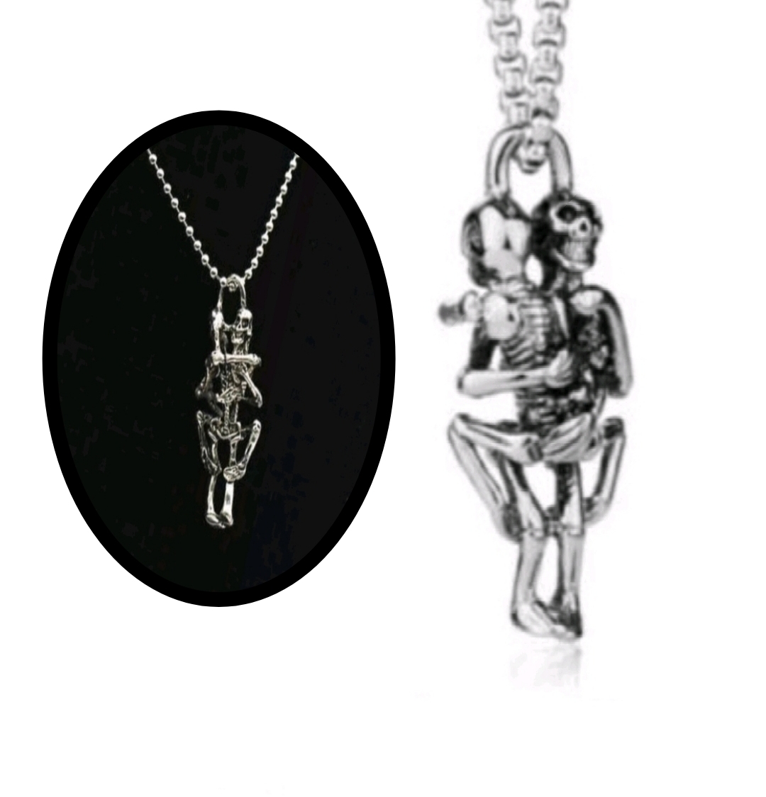 Halskette mit 2 Skelett Liebe Erotik Paar Umarmung Schmuck Edelstahl Schädel