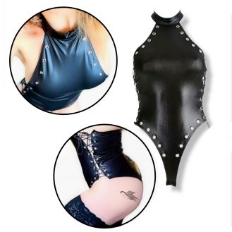 Damen Body Ösen Mit Schnur Lederoptik Schwarz M L XXL 3XL