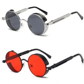 Runde Sonnenbrille Metall Bügel Federn 400 UV Rot Grau Retro 70er Hippie Brille