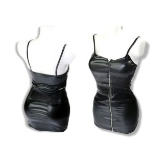 Damen Minirock mit Reißverschluss und Spaghettiträger in Naßlook Effekt Lederoptik Schwarz Einheitsgröße