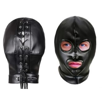 Gesichtsmaske Schwarz Lederoptik Maske Schnur Verschluss Fetisch Kunstleder BDSM Rollenspiele