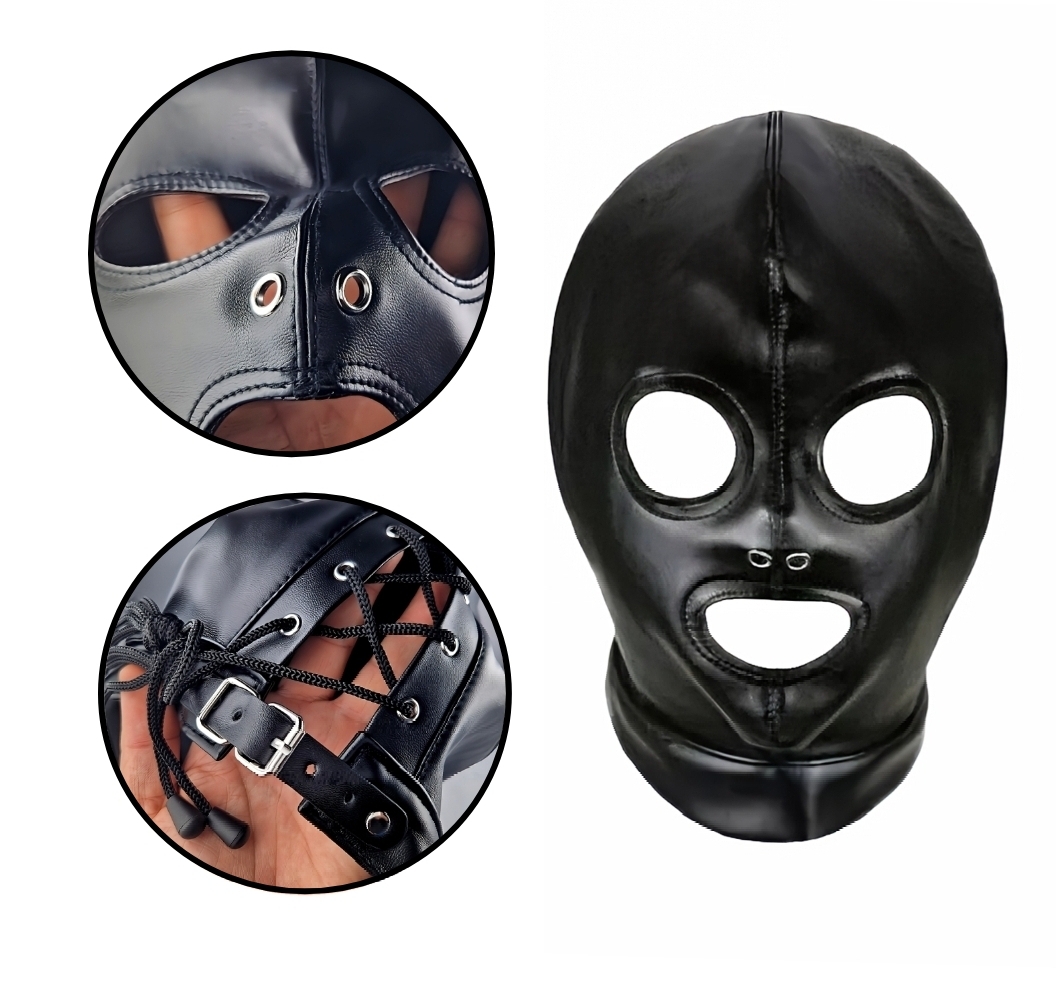 Gesichtsmaske Schwarz Lederoptik Maske Schnur Verschluss Fetisch Kunstleder BDSM Rollenspiele – Bild 3