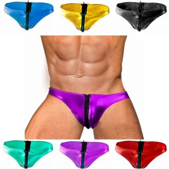 Herren Unterhose Mit Reißverschluss Männer Slip Lederoptik Naßlook Rot Blau Gelb Schwarz Lila Grün