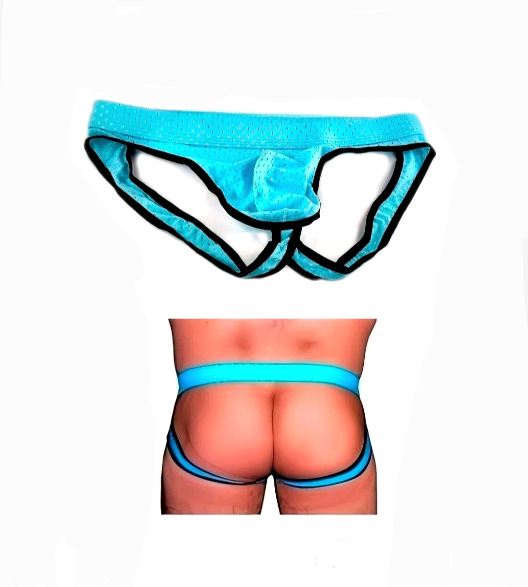 Herren Ouvert Unterhose Pofrei Männer Slip Netzmuster Hinten Frei S M L XL Blau