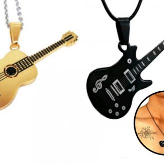 Gitarren Anhänger Edelstahl mit Halskette Musik Jazz Schmuck E-Gitarre Farben Schwarz Gold