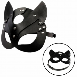 Damen Katzenmaske Lederoptik mit Ohren Schwarz Katzen Fetisch BDSM Maske Verstellbar