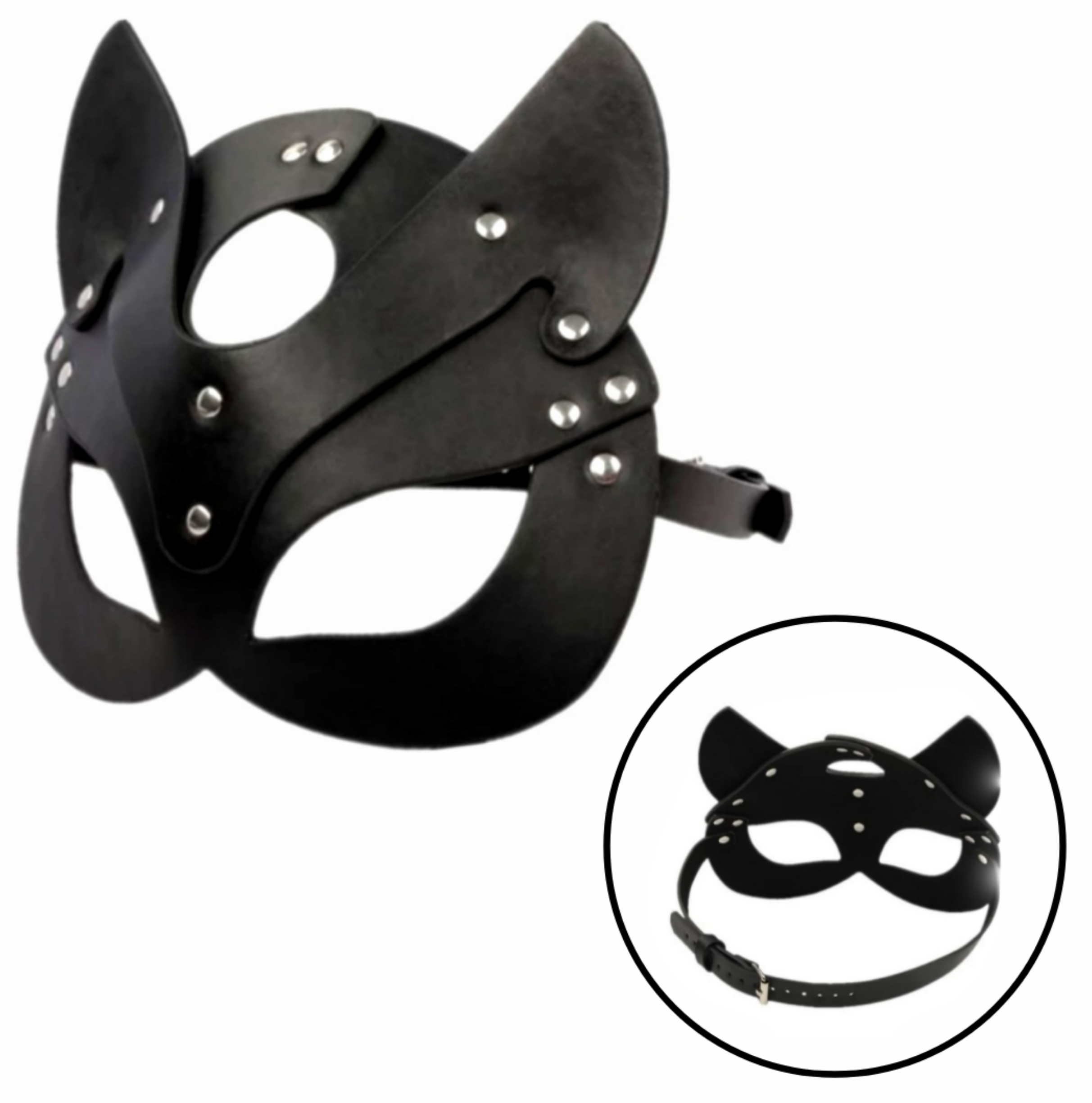 Damen Katzenmaske Lederoptik mit Ohren Schwarz Katzen Fetisch BDSM Maske Verstellbar