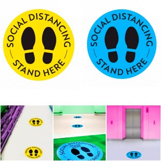Boden Abstand Halten Aufkleber Soziale Distanz 30x30cm Blau Gelb Fuß Zeichen Bodenaufkleber