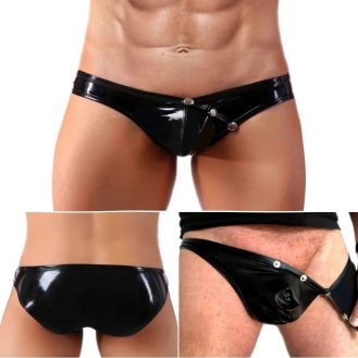 Herren Unterhose Latexoptik mit Knöpfe Wetlookoptik Naßlook Schwarz M L XL XXL
