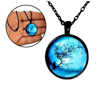 Nacht Baum Katzen Wolken Motiv Glas Anhänger Schwarz mit Halskette Modeschmuck