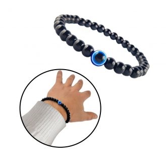 Armband mit schwarze Perlenoptik und blaue Nazar Boncuk Handschmuck 17-23cm