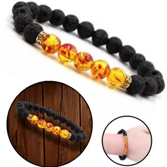 Modeschmuck Armband Schwarz Gelb Armreif dehnbar Perlenoptik und Lavasteinoptik