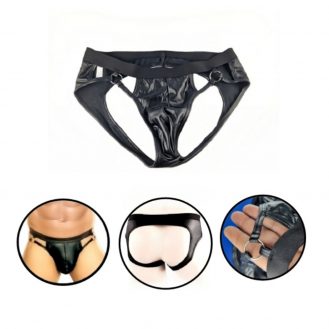 Herren Lederoptik Ouvert Slip Unten Frei Offen Männer Unterhose Schwarz Reizwäsche