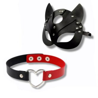 2 Teiliges Set Katzenmaske mit Halsband Fetisch BDSM Kostüm Maske Rollenspiele