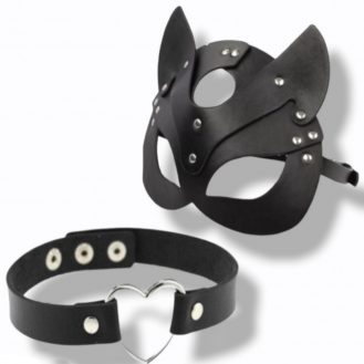 2 Teilig Damen Katzenmaske mit Ohren und Halsband mit Herz Fetisch BDSM Maske