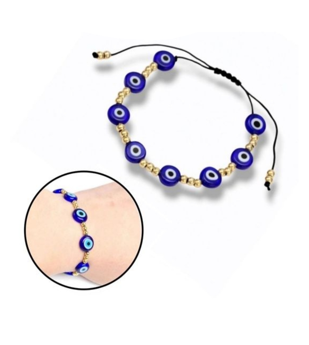 Armband mit Nazar Boncuk Blaue Auge Und Runde Goldfarbene Perlenoptik Schmuck