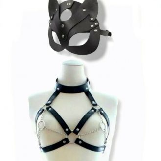 2 Teilig Frauen BH Brustgurt Und Katzenmaske Halsriemen Damen Mit Kette Fetisch