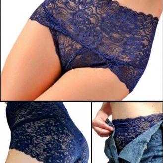 Damen Hohe Taille Unterhose Spitze Unterwäsche Reizwäsche Blau Taillenslip Panty