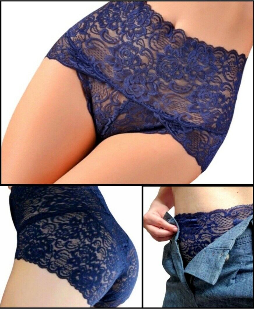 Damen Hohe Taille Unterhose Spitze Unterwäsche Reizwäsche Blau Taillenslip Panty