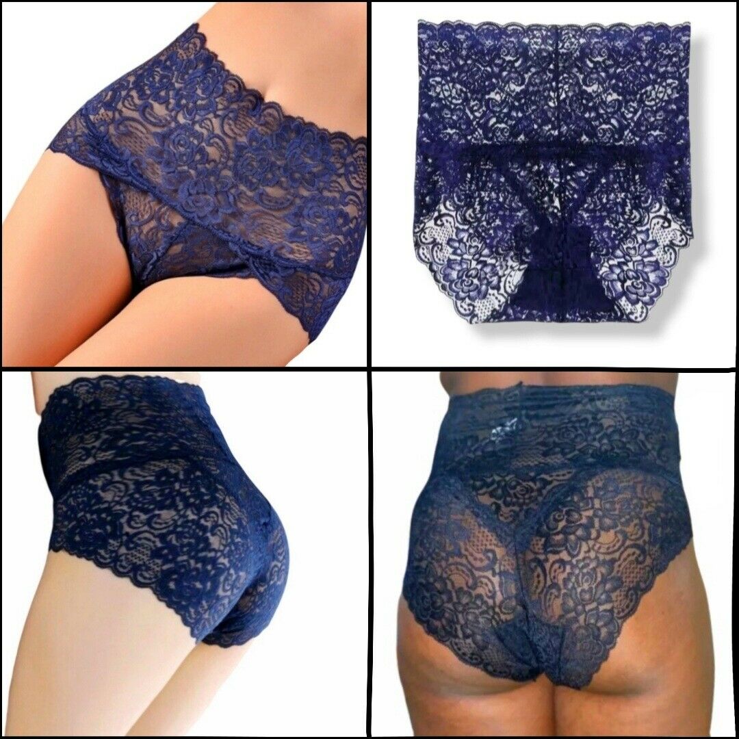 Damen Hohe Taille Unterhose Spitze Unterwäsche Reizwäsche Blau Taillenslip Panty – Bild 2