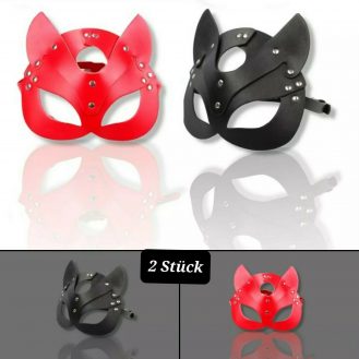 2 Stück Damen Katzenmaske mit Ohren Rot Schwarz Katzen Fetisch BDSM Maske Kostüm