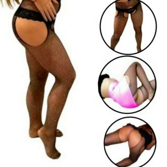 Damen Ouvert Strumpfhose mit Strasssteine Bodysuit Schwarz Reizwäsche Dessous