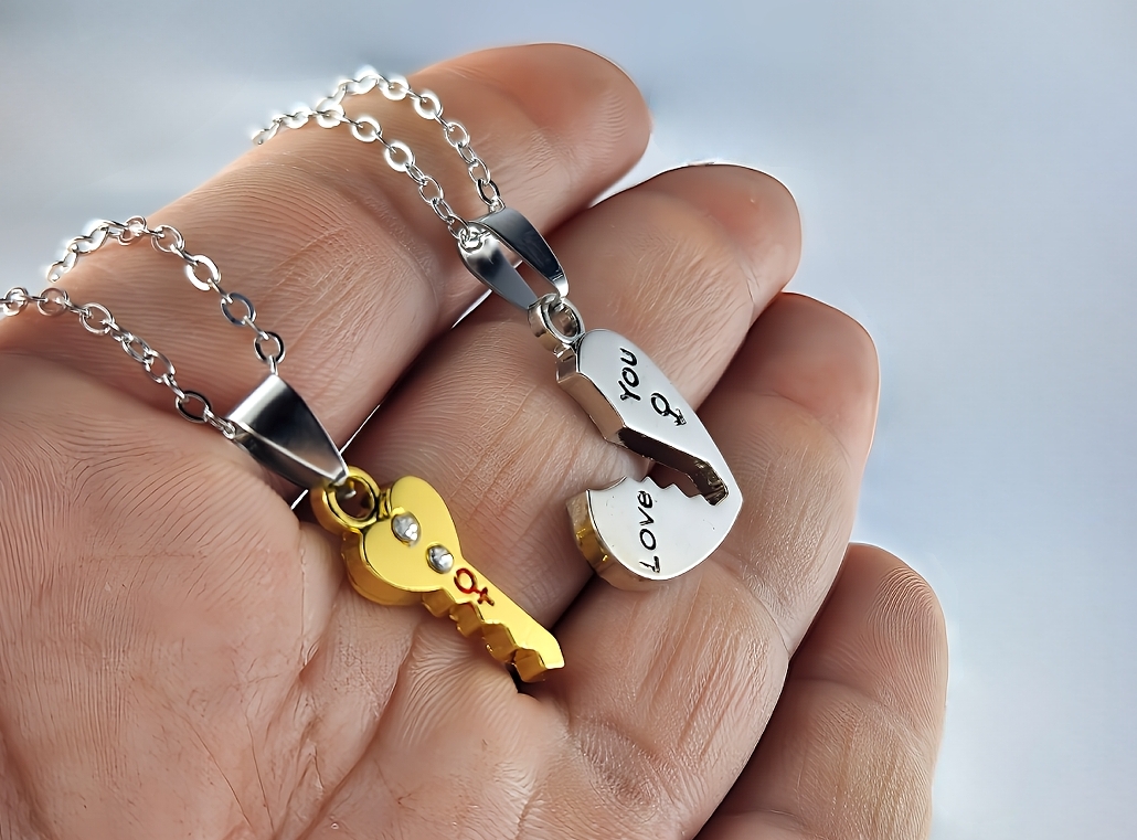 2x Halskette mit Anhänger Herz und Schlüssel Liebe Paare Geschenkidee Modeschmuck – Bild 4