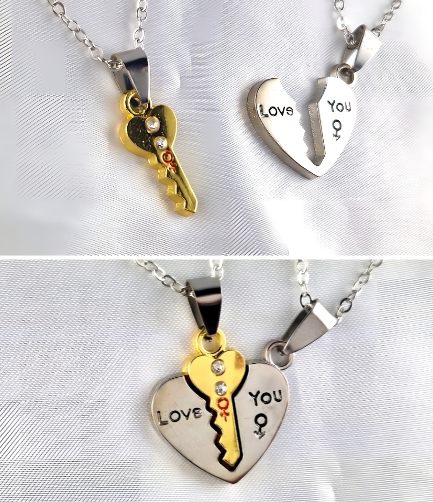 2x Halskette mit Anhänger Herz und Schlüssel Liebe Paare Geschenkidee Modeschmuck – Bild 3