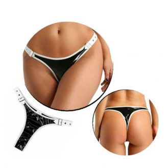 Damen Slip Lederoptik Unterwäsche Frauen Unterhose mit Schnalle Schwarz S M L XL