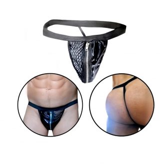 Männer Lederoptik Durchsichtig G-String Unterhose Reißverschluss Schwarz Tanga