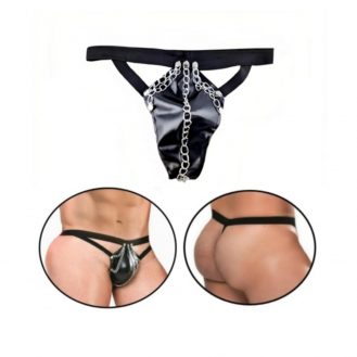 Kreative Herren String mit Kette Unterhose Lederoptik Männer BDSM Tanga Schwarz