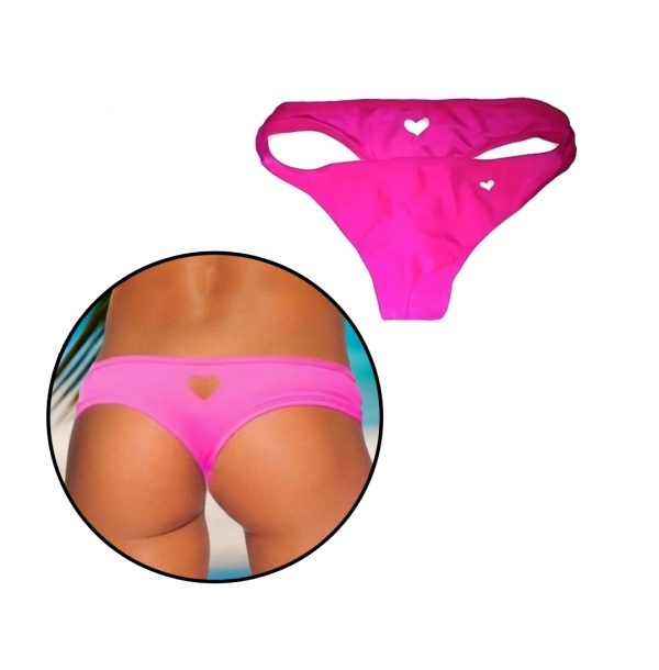 Damen Badeslip Frauen Badehose mit ausgestanzte Herz Vorne Hinten Rosa XS S M L XL